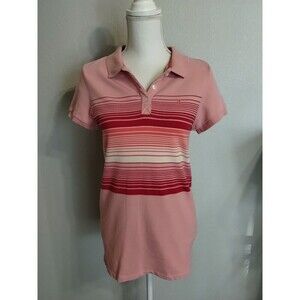Old Navy Top Size Large Pink White Stripes Polo 3 button Old School Logo